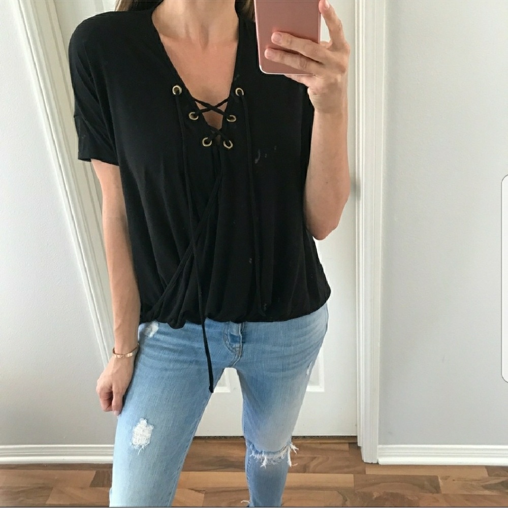 REPOSH Black Lace up Wrap Top